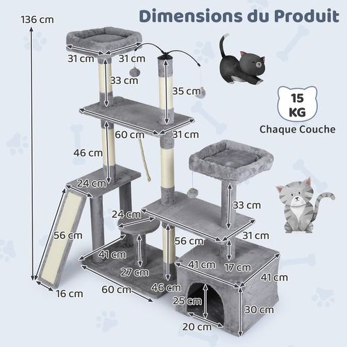 Arbre à Chat XXL Rotatif 121x70x136cm, 7 Plateformes, Condo, Sisal, Pompons ,gris Clair