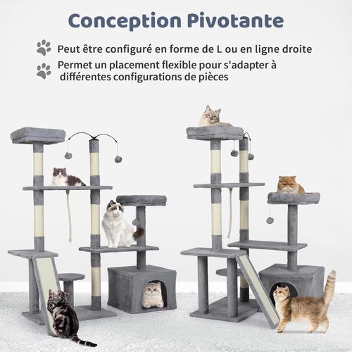 Arbre à Chat XXL Rotatif 121x70x136cm, 7 Plateformes, Condo, Sisal, Pompons ,gris Clair