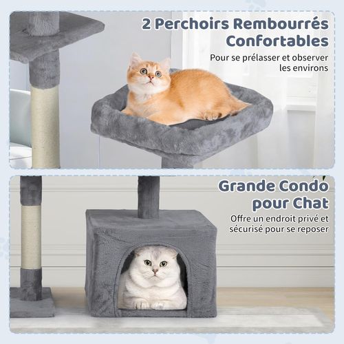 Arbre à Chat XXL Rotatif 121x70x136cm, 7 Plateformes, Condo, Sisal, Pompons ,gris Clair