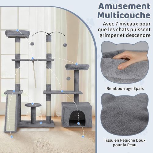 Arbre à Chat XXL Rotatif 121x70x136cm, 7 Plateformes, Condo, Sisal, Pompons ,gris Clair