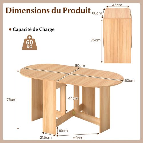 Table Extensible 4-7 Personnes 163x80x75cm, 2 Rallonges, Base Croix, Charge 60kg, Naturel