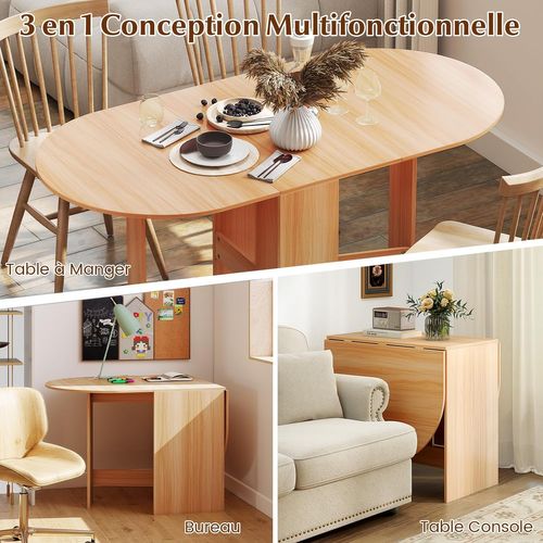 Table Extensible 4-7 Personnes 163x80x75cm, 2 Rallonges, Base Croix, Charge 60kg, Naturel