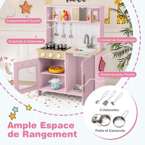 Cuisine Enfant Bois 60x30x85cm, Lumières Et Sons, 5 Accessoires, Évier Amovible ,rose