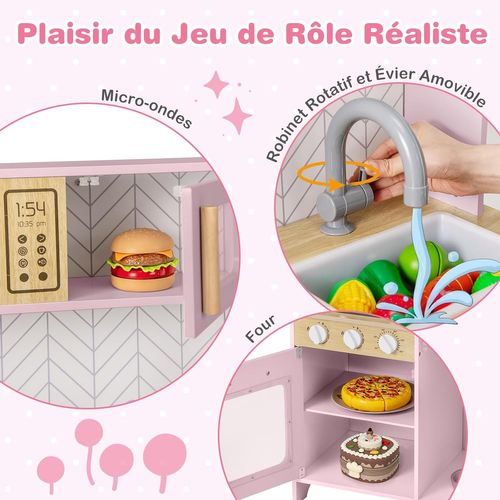 Cuisine Enfant Bois 60x30x85cm, Lumières Et Sons, 5 Accessoires, Évier Amovible ,rose