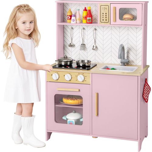 Cuisine Enfant Bois 60x30x85cm, Lumières Et Sons, 5 Accessoires, Évier Amovible ,rose