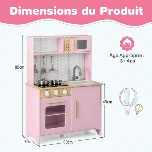 Cuisine Enfant Bois 60x30x85cm, Lumières Et Sons, 5 Accessoires, Évier Amovible ,rose
