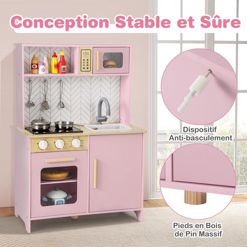 Cuisine Enfant Bois 60x30x85cm, Lumières Et Sons, 5 Accessoires, Évier Amovible ,rose