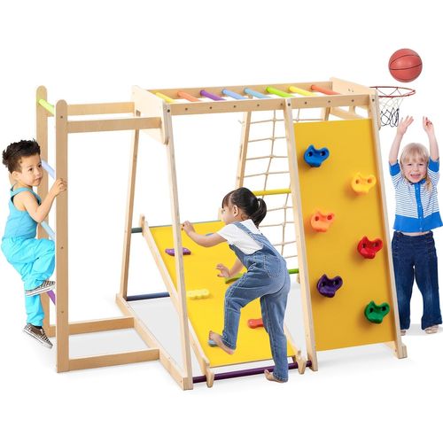 Aire De Jeux Escalade 6 En 1 Bois, Toboggan Rampe Échelle, Charge 75kg 3-14 Ans ,coloré