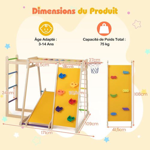 Aire De Jeux Escalade 6 En 1 Bois, Toboggan Rampe Échelle, Charge 75kg 3-14 Ans ,coloré