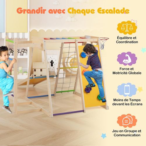Aire De Jeux Escalade 6 En 1 Bois, Toboggan Rampe Échelle, Charge 75kg 3-14 Ans ,coloré