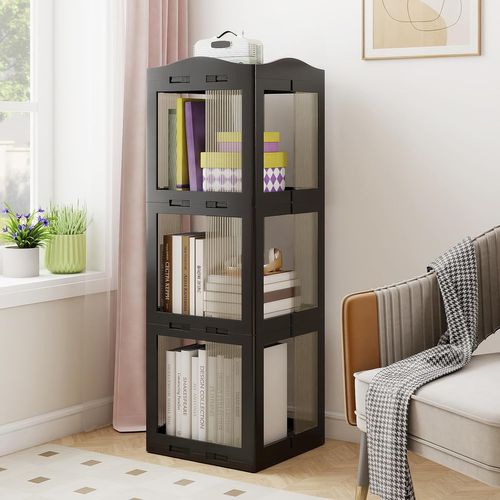 Bibliothèque Pliante Rotative, Étagère Tournante à 360°, Bibliothèque à 3 Niveaux, Noir