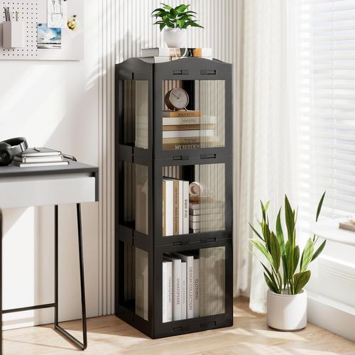 Bibliothèque Pliante Rotative, Étagère Tournante à 360°, Bibliothèque à 3 Niveaux, Noir