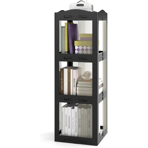 Bibliothèque Pliante Rotative, Étagère Tournante à 360°, Bibliothèque à 3 Niveaux, Noir