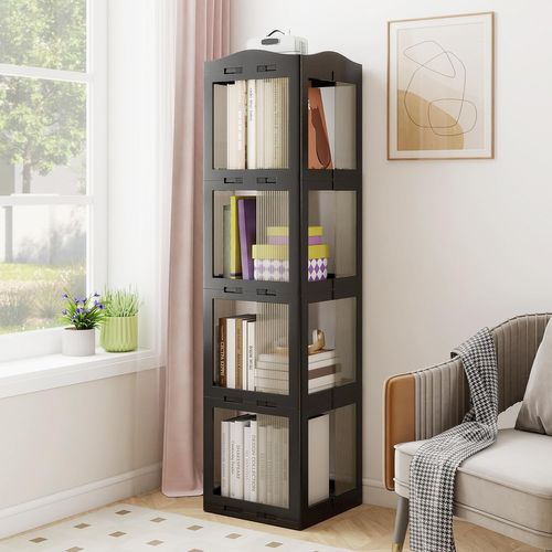 Bibliothèque Pliante Rotative, Étagère Tournante à 360°, Bibliothèque à 4 Niveaux, Noir