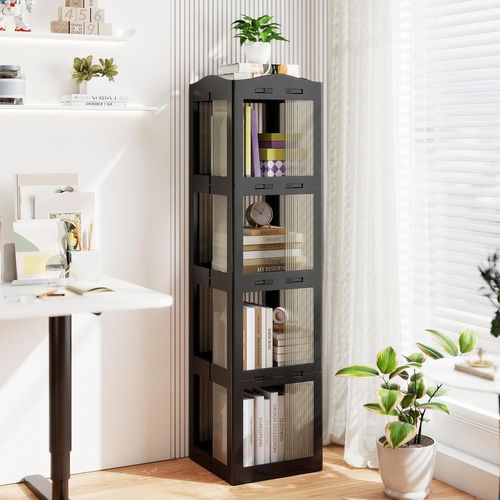Bibliothèque Pliante Rotative, Étagère Tournante à 360°, Bibliothèque à 4 Niveaux, Noir