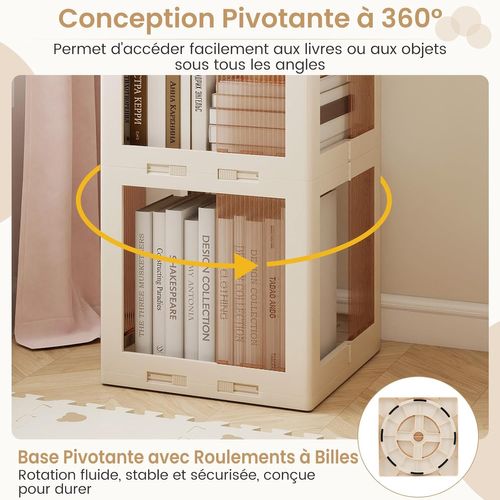 Bibliothèque Pliante Rotative, Étagère Tournante à 360°, Bibliothèque à 4 Niveaux, Blanc