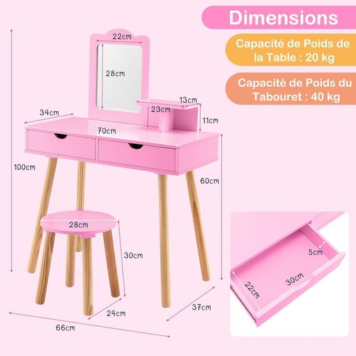 Coiffeuse Enfant 2 En 1 Avec Miroir Et Tabouret, 2 Tiroirs, Charge 20/40kg, 3-7 Ans ,rose