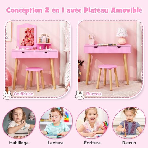 Coiffeuse Enfant 2 En 1 Avec Miroir Et Tabouret, 2 Tiroirs, Charge 20/40kg, 3-7 Ans ,rose