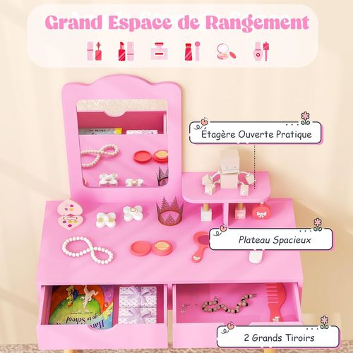 Coiffeuse Enfant 2 En 1 Avec Miroir Et Tabouret, 2 Tiroirs, Charge 20/40kg, 3-7 Ans ,rose