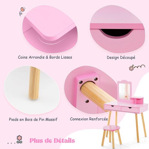 Coiffeuse Enfant 2 En 1 Avec Miroir Et Tabouret, 2 Tiroirs, Charge 20/40kg, 3-7 Ans ,rose