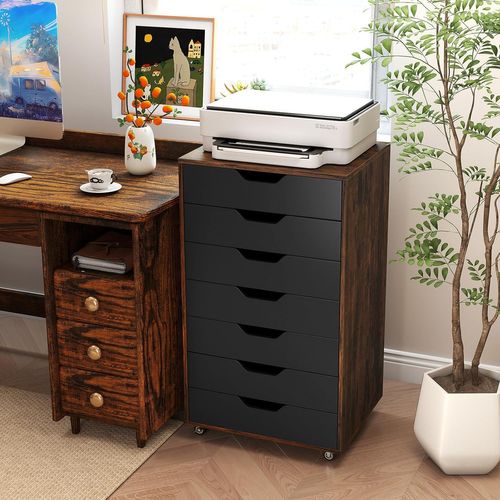 Caisson De Bureau à Roulettes, Meuble Rangement Bureau 7 Tiroirs, 48x40x87cm，marron Rustique