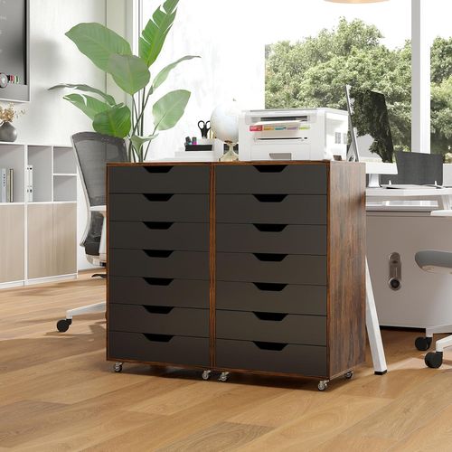 Caisson De Bureau à Roulettes, Meuble Rangement Bureau 7 Tiroirs, 48x40x87cm，marron Rustique