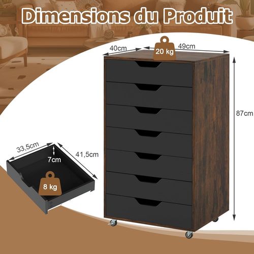 Caisson De Bureau à Roulettes, Meuble Rangement Bureau 7 Tiroirs, 48x40x87cm，marron Rustique