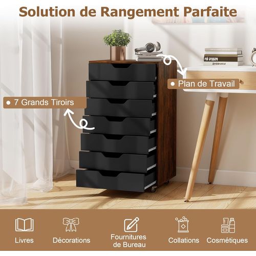 Caisson De Bureau à Roulettes, Meuble Rangement Bureau 7 Tiroirs, 48x40x87cm，marron Rustique