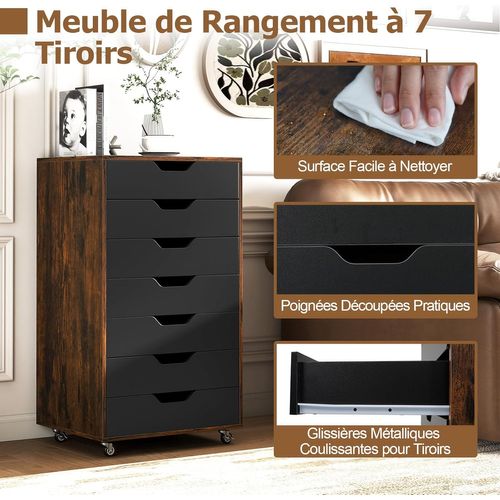 Caisson De Bureau à Roulettes, Meuble Rangement Bureau 7 Tiroirs, 48x40x87cm，marron Rustique