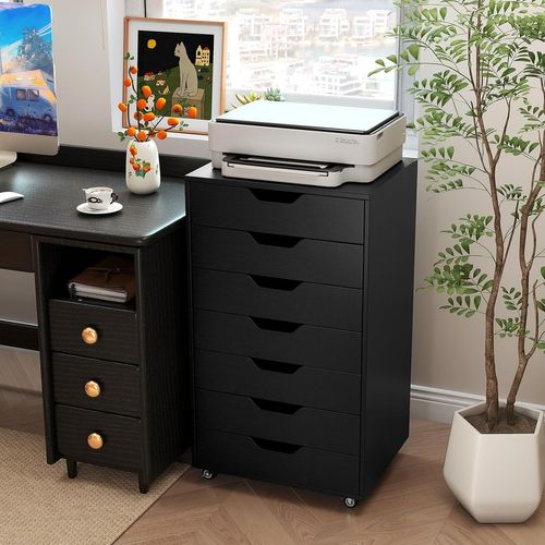 Caisson De Bureau à Roulettes, Meuble Rangement Bureau 7 Tiroirs, 48 X 40 X 87 Cm，noir