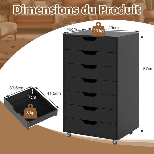 Caisson De Bureau à Roulettes, Meuble Rangement Bureau 7 Tiroirs, 48 X 40 X 87 Cm，noir