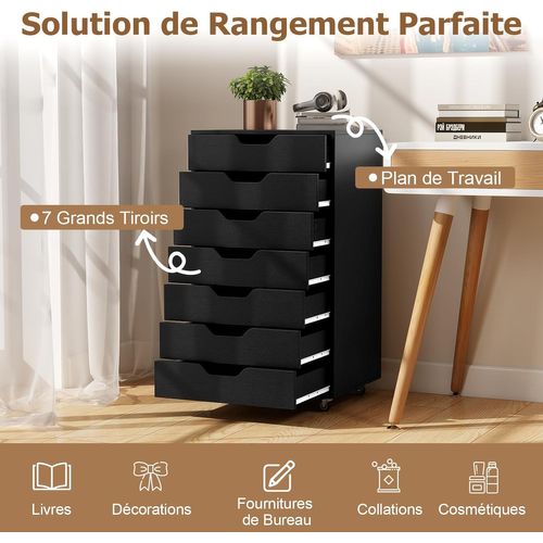Caisson De Bureau à Roulettes, Meuble Rangement Bureau 7 Tiroirs, 48 X 40 X 87 Cm，noir