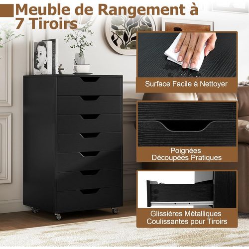 Caisson De Bureau à Roulettes, Meuble Rangement Bureau 7 Tiroirs, 48 X 40 X 87 Cm，noir