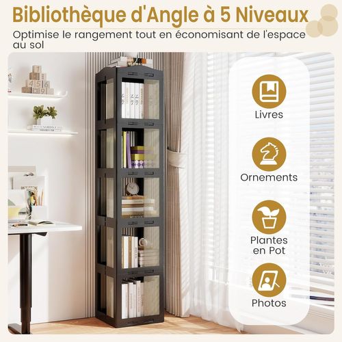 Bibliothèque Pliante Rotative, Étagère Tournante à 360°, Bibliothèque à 5 Niveaux, Noir