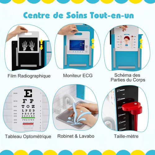 Centre Médical Enfant En Bois Avec Film Radiographique,cabinet Jouet Avec 29 Accessoires,bleu
