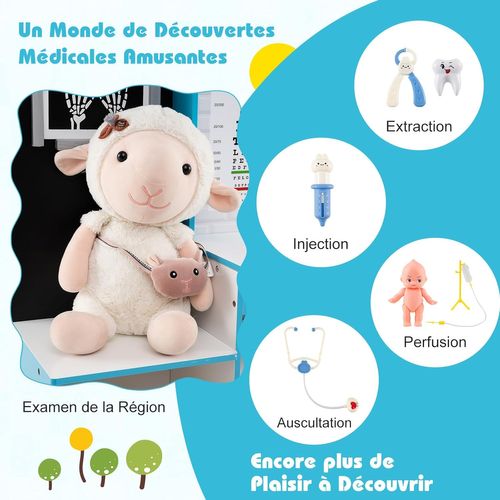 Centre Médical Enfant En Bois Avec Film Radiographique,cabinet Jouet Avec 29 Accessoires,bleu