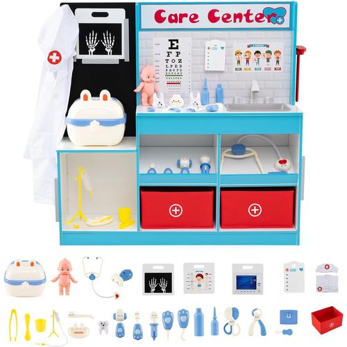 Centre Médical Enfant En Bois Avec Film Radiographique,cabinet Jouet Avec 29 Accessoires,bleu