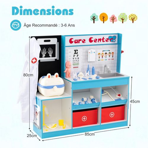Centre Médical Enfant En Bois Avec Film Radiographique,cabinet Jouet Avec 29 Accessoires,bleu