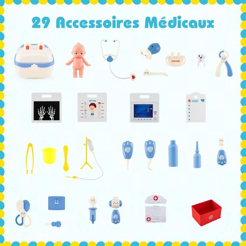 Centre Médical Enfant En Bois Avec Film Radiographique,cabinet Jouet Avec 29 Accessoires,bleu