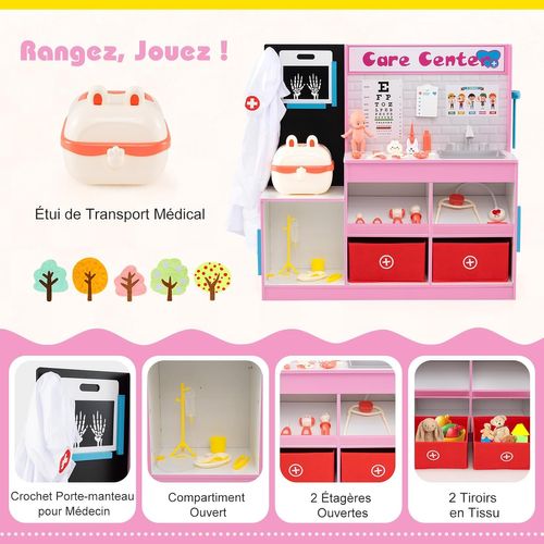 Centre Médical Enfant En Bois Avec Film Radiographique,cabinet Jouet Avec 29 Accessoires(rose)