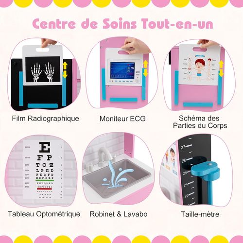 Centre Médical Enfant En Bois Avec Film Radiographique,cabinet Jouet Avec 29 Accessoires(rose)