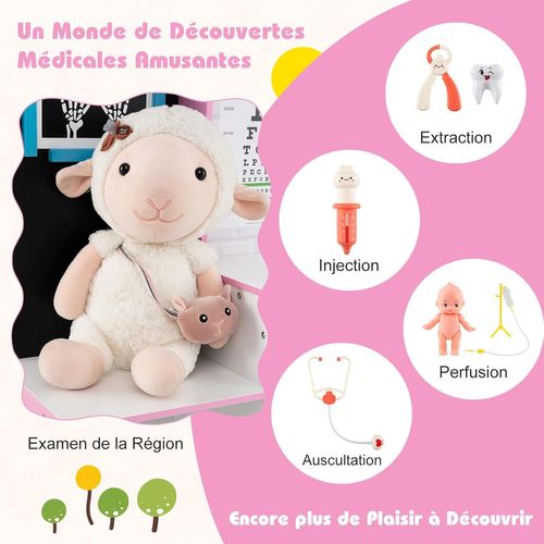 Centre Médical Enfant En Bois Avec Film Radiographique,cabinet Jouet Avec 29 Accessoires(rose)