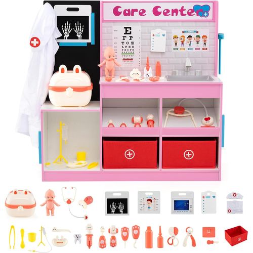 Centre Médical Enfant En Bois Avec Film Radiographique,cabinet Jouet Avec 29 Accessoires(rose)