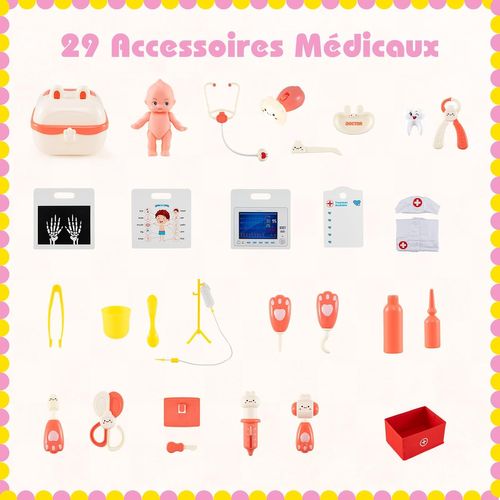 Centre Médical Enfant En Bois Avec Film Radiographique,cabinet Jouet Avec 29 Accessoires(rose)