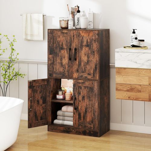 Armoire De Salle De Bain, Meuble De Rangement Avec 4 Portes, Étagères Réglables(marron Rustique)
