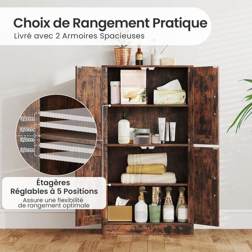 Armoire De Salle De Bain, Meuble De Rangement Avec 4 Portes, Étagères Réglables(marron Rustique)