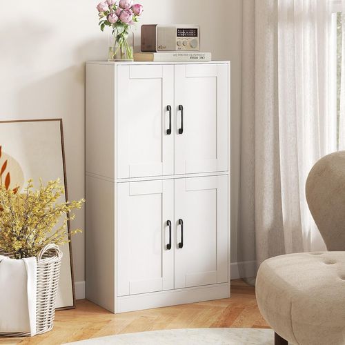 Armoire De Salle De Bain, Meuble De Rangement Avec 4 Portes, Étagères Réglables (blanc)