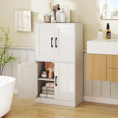 Armoire De Salle De Bain, Meuble De Rangement Avec 4 Portes, Étagères Réglables (blanc)