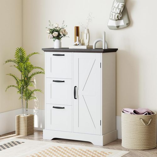 Meuble Salle De Bain Rangement, Armoire De Rangement Style Ferme Avec Porte De Grange(blanc)