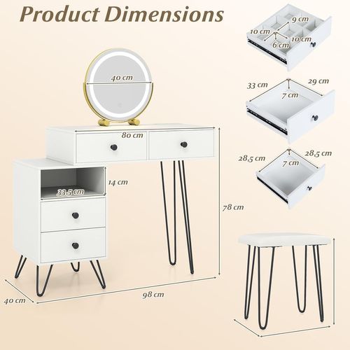 Coiffeuse Avec Miroir Et Tabouret,lumière Et Luminosité Réglable,station De Charge,98 X 40 X 120cm